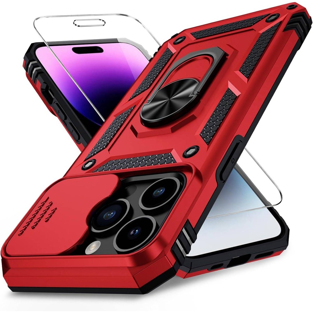 iPhone 15 Pro Max Case Cranberry Red Rugged Military Grade Shield Ring Kickstand
